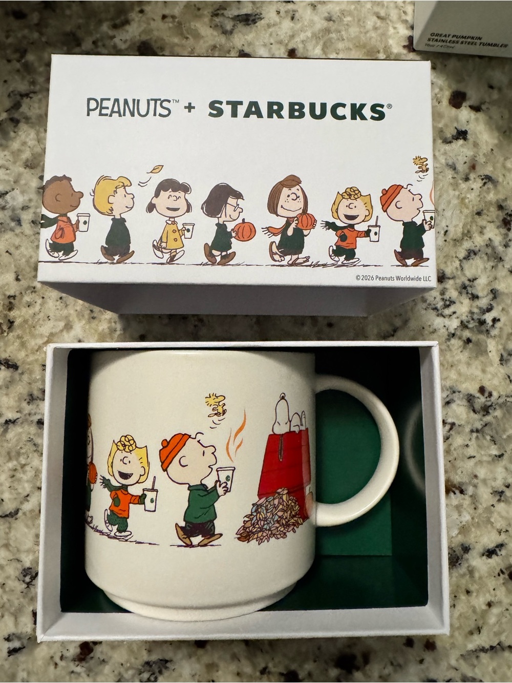NWT Starbucks Peanuts Ceramic Mug in White with Green and Orange Accents LIMITED
